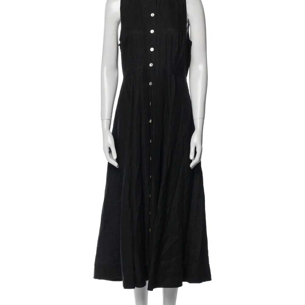 Magaschoni Women Dress S Black 100% Linen Button Front Midi Casual Luxury